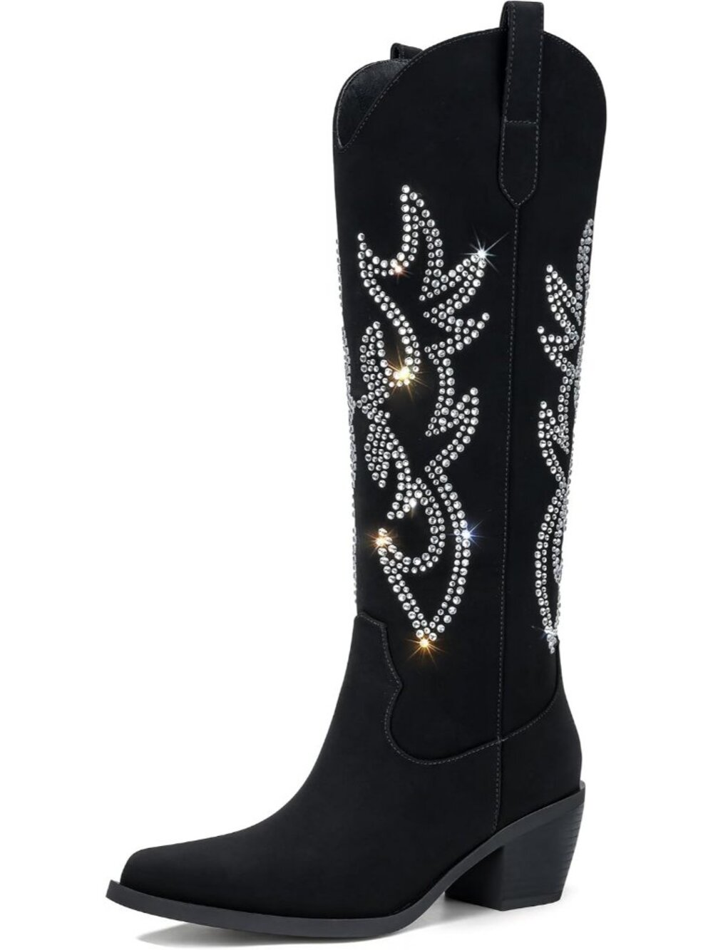 Women's Black Rhinestone Slip On Mid Heel Pointed Toe Knee High Cowgirl Boots